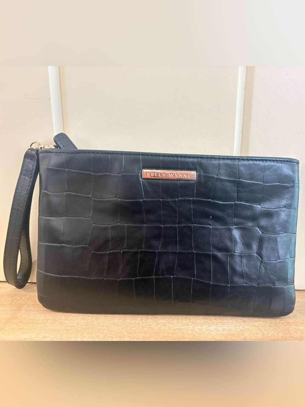 Kelly Wynne Black Croc-Embossed Wristlet Clutch